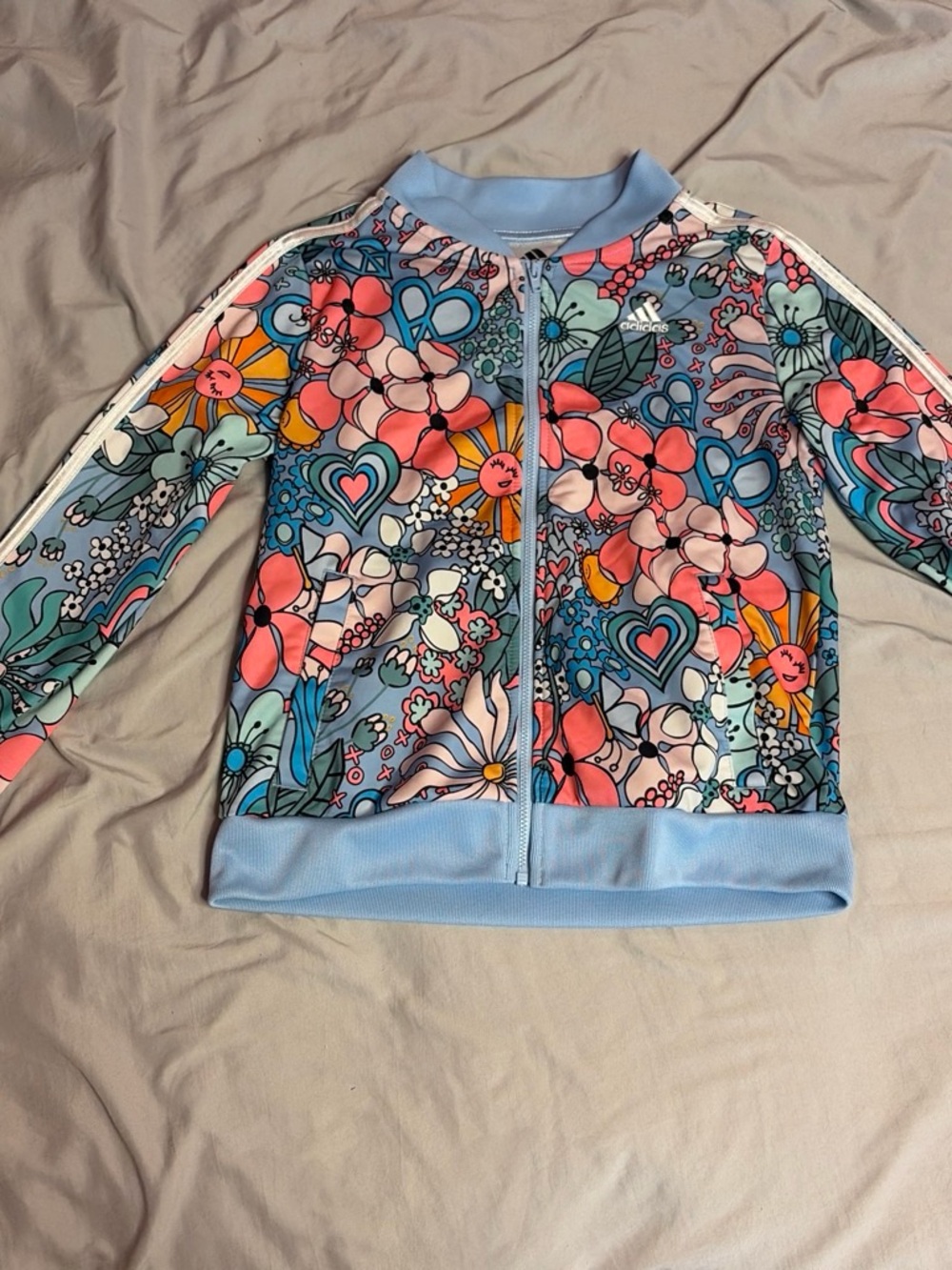 adidas Girls Floral Zip Jean-Style Jacket in Light Blue, Pink and Teal